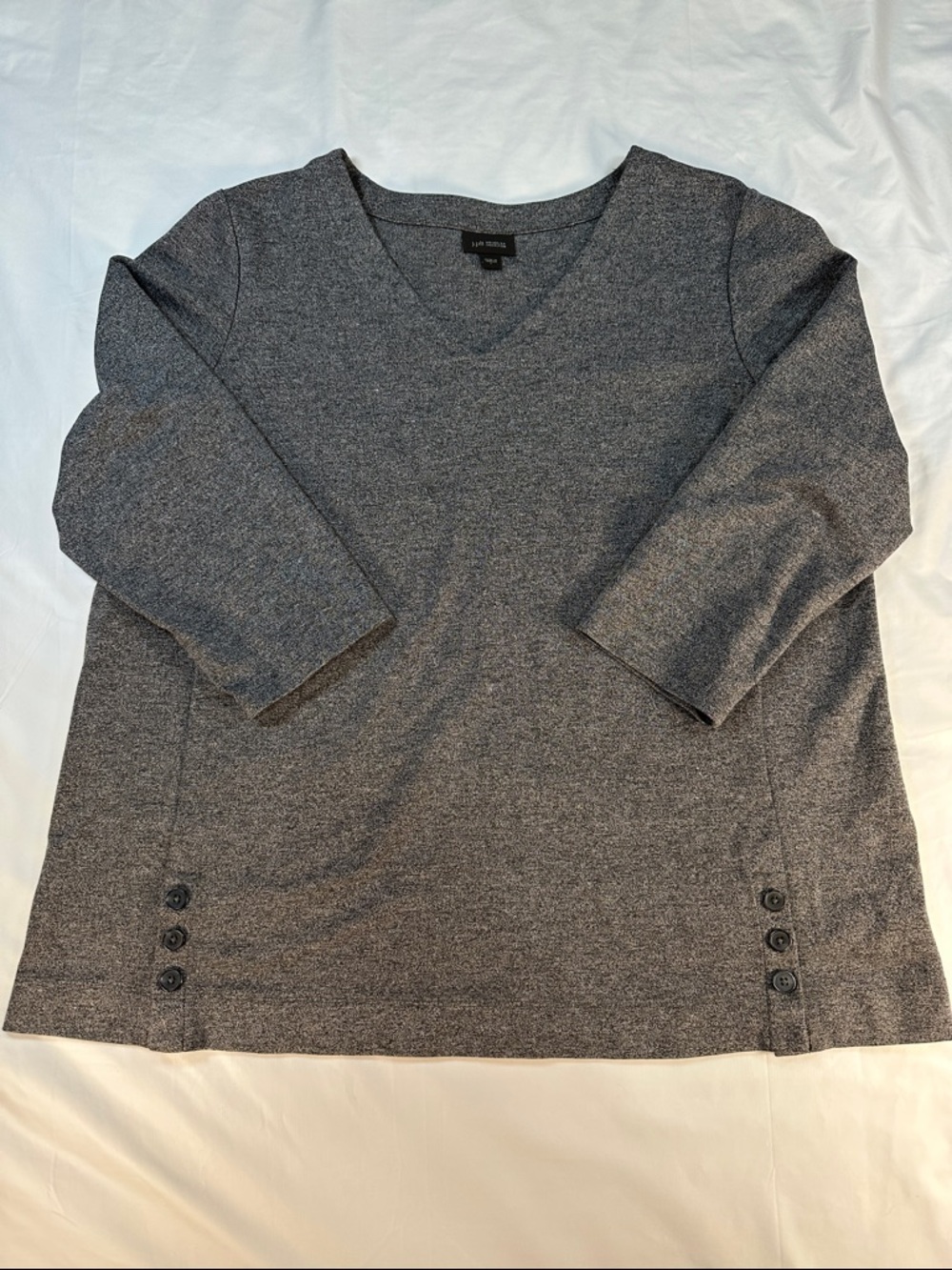 J Jill Large Gray Heathered V-Neck Button Side Knit Top 3/4 sleeve